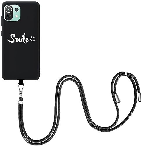 EuoDuo für Xiaomi Mi 11 Lite 4G / 5G / NE Hülle mit Band Handyhülle Handykette Abnehmbare Kordel Handyschnur zum Umhängen Silikon Case Schwarz Schutzhülle Halskette Cover - Lächeln Gesicht