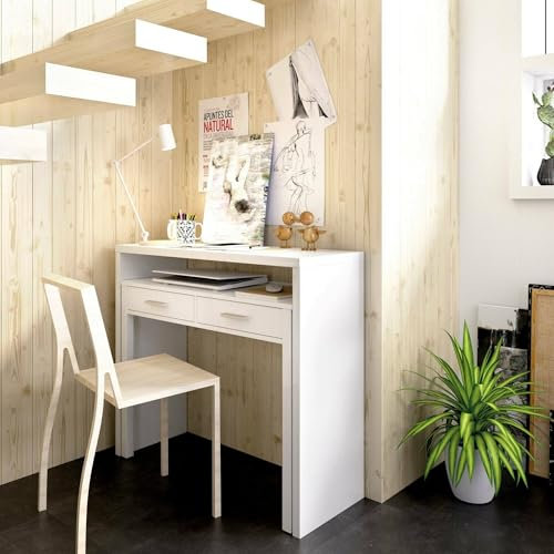 Dmora - Schreibtisch Losetta, Multipositionsschreibtisch mit ausziehbarer Platte, lineare Arbeitskonsole mit 2 Schubladen, 99 x 70 x 88 cm, Weiß