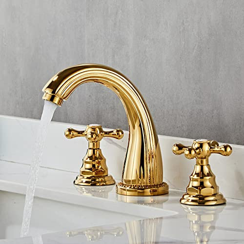 ZYCDP Drei-Loch-Waschtischarmatur Waschbecken Mischbatterie mit Zwei Griffen Messing Mischbatterie Waschbecken Bad, Gold A