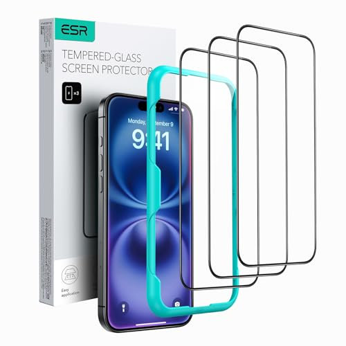 ESR 3 Pack for iPhone 16 Plus/iPhone 15 Plus Screen Protector, Tempered Glass Film with Easy Installation Tool, 9H Hardness, Military-Grade Shatterproof, Full Coverage, HD Clear, Scratch Resistant