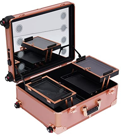 Kosmetikkoffer, Trolley Schminkkoffer, Schminktisch mit 4 Rollen & Beleuchtung & Spiegel, Make Up Koffer Kosmetik, Friseurkoffer, Profi-Schminkstation, verstellbare Beine, Rose Gold