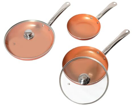 RevolutionLine - Juego de 3 Sartenes y 2 Tapas de Vidrio Templado | Gas, Inducción y Vitrocerámica | Medidas: 20, 24, 28 cms | Color Cobre | Apto para hornos | Revestimiento Cerámico Antiadherente