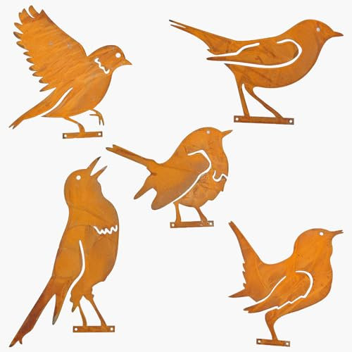 Sertay 5 Pièces Statues Oiseaux Métal, Rouillé Metal Bird Décoration, Jardin Rouille Extérieur, Bouchon Rouille Oiseaux, Rouillée Deco Jardin Métal, Convient pour Jardins, Terrasses, Parcs, Clôtures