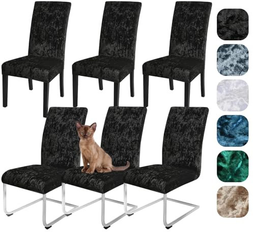 Alishomtll Samt Stuhlhussen 4er/6er Set Zerknitterter Samt Stretch Stuhlbezug Schwingstühle Elastische Hussen Abnehmbare Waschbarer Stühle Schutz für Esszimmer Bankett Hochzeit (Schwarz, 6 Stück)