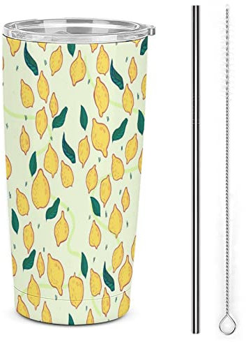 Lemon Edelstahlbecher, isoliert, mit Deckel und Strohhalmbürsten, doppelwandiger Reise-Kaffeebecher, 590 ml