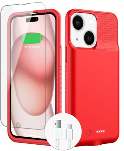 Battery Case for iPhone 15/15Pro, Real 7000mAh Ultra-Slim Battery Charging Case 15W Fast Rechargeable Anti-Fall Protection Extended Charger Cover for iPhone 15/15 Pro Charging Case-6.1inch(Red)