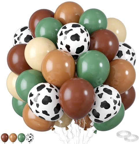 Brown and Green 12-Inch Balloons with Cow Print Design for Safari, Jungle, Woodland Theme Birthday Party - Retro Apricot Khaki Dark Colors