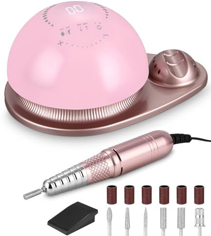 Fresa per unghie professionale, lima per unghie elettrica, macchina per unghie acriliche gel, 50000rpm velocità regolabile con pedale e 6 fresa punte, display led, nail salon/ home manicure, rosa