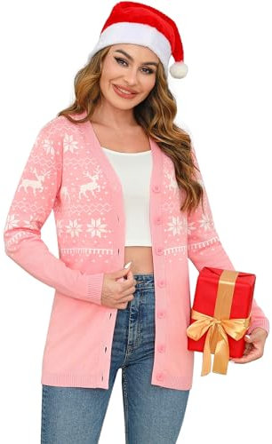 iClosam Womens Christmas Cardigan Lightweight Long Sleeve Button Top Ladies Chunky Cable Knit Reindeer Printed Cardigans A-Pink