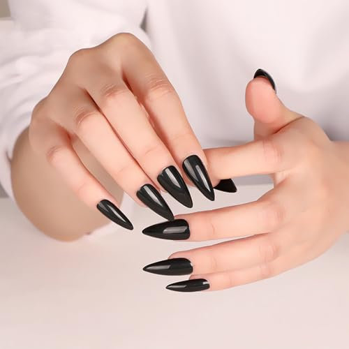 NICENEEDED 24PCS Black Almond Fake Nails, Long Press on Nails Glossy False Nails Solid Color, Acrylic Nails Full Cover Artificial Nail for Women diy Manicure Decor