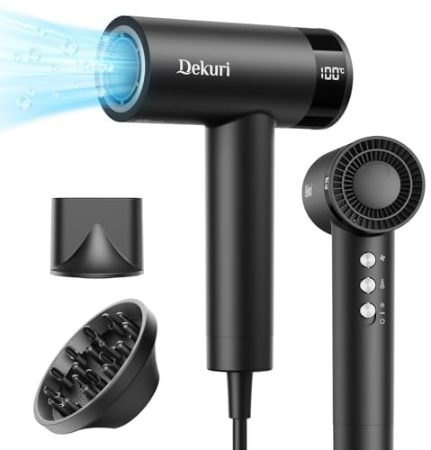 Dekuri Professional Hair Dryer, 110,000 RPM Powerful Brushless Motor, Smooth Frizz-Free Ionic Care, Quiet Lightweight Dryer with Diffuser & Nozzle – Black