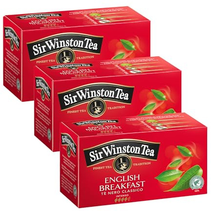 Sir Winston Tea, English Breakfast, 75 Filtri (3 Confezioni da 25 Filtri), Gusto Corposo e Aromatico, Certificato RFA, Senza Lattosio, Glutine e Allergeni, Vegan