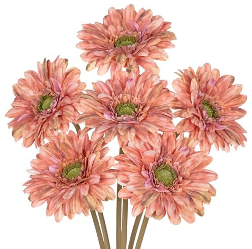 Hollyone 6PCS Kunstblumen Gänseblümchen Künstliche Gerbera Rosa Gefälschte Blume mit Stiel Künstliche Afrikanische Gänseblümchen Deko für Party Haus Küche Garten Hochzeit Dekoration