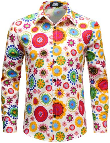 JOGAL Mens Regular fit Floral Dress Shirt Long Sleeve Printed Casual Button Down Shirts White Multicolor Large