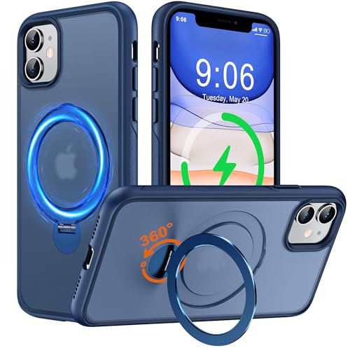Derwav Multi-in-1 [Magnetic+ Kickstand+ Ring Holder] for iPhone 11 Case, Compatible with MagSafe, 360° Rotatable Stand with Military Shockproof Silicone Frame Protection Magnetic Cover, Blue