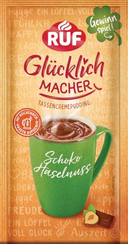 RUF Glücklichmacher Tassenpudding Schoko Haselnuss, Schokopudding mit knackigen Haselnuss Stückchen, Tassencremepudding, nur Wasser hinzufügen, 1 x 59g Beutel