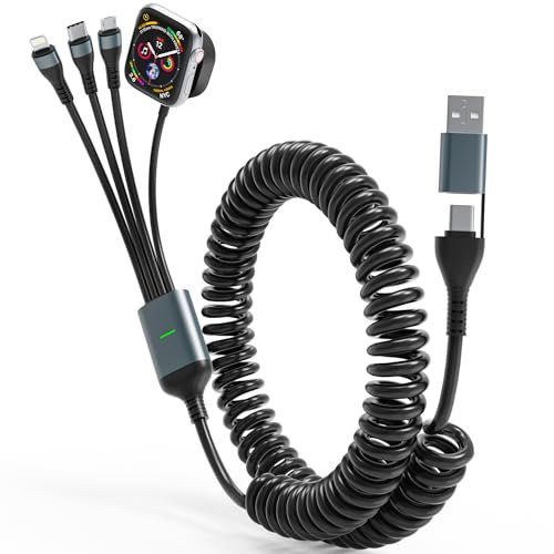 Cavo di ricarica multi spirale da 100 W per Apple Watch – Cavo di ricarica 4 in 1 compatibile con Apple Watch, iPhone, Android, iPad e tablet, con connettori Lightning, USB C e micro USB