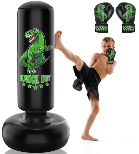 JUOIFIP Boxsack Kinder - 160 cm Freistehender Boxing Set mit Boxhandschuhen - Wilder Dinosaurier Sport Aufblasbarer Kickboxen für Training Karate Taekwondo MMA