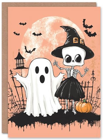 Artery8 Greeting Card Fun Happy Ghost Skeleton Kids Trick or Treat Blank For All Halloween Card