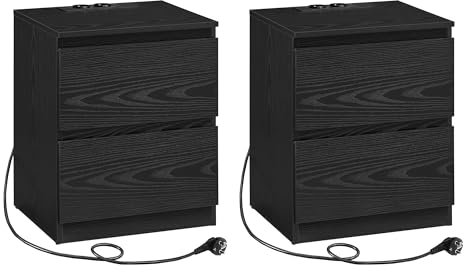 VASAGLE Nachttisch mit Steckdosenleiste, 2er Set, Beistelltisch, 2 Schubladen, 2 AC-Steckdosen, 2 USB-A-Anschlüsse, Wohnzimmer Schlafzimmer, modern, ebenholzschwarz LET821B02