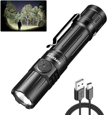 SuperFire Flashlights High Lumens Rechargeable, 2000 Lumens Super Bright Flashlight with Clip, 6 Modes, IP 44 Waterproof Powerful Flashlight for Home, Camping, Hiking, Emergency, Power Outage(TN02)