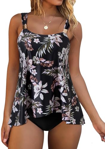 DOULAFASS Tankini Damen Bauchweg Ruffle High Waisted Bikini Zweiteiler Push Up Bademode Rundausschnitt Badeanzüge