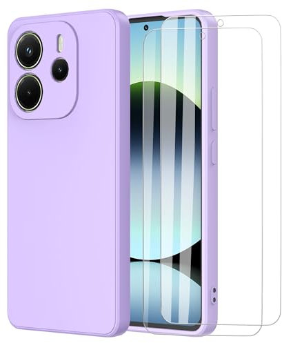 MOONESS Hülle kompatibel mit Xiaomi Redmi Note 14 4G 6,67 Zoll mit 2 Stück Schutzfolie Handyhülle, Liquid Silikon TPU Schutzhülle Dünn Backcover - Lila