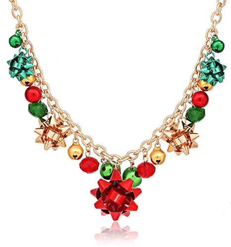 Deerul Festliche Weihnachtskette mit Glöckchen und Schleifen, Rot-Grün-Gold, Metallkette in Roségold