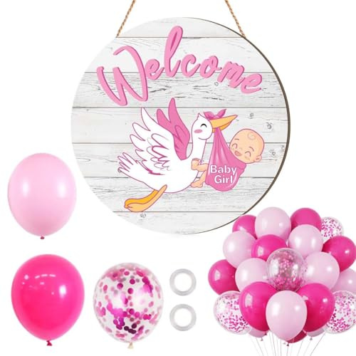 Teegxddy 1 Set Klapperstorch Baby Rosa Holzanhänger, Klapperstorch zur Geburt Draußen Neugeborene Balloon, Storch Geburt für Draussen Mädchen, Geschenke zur Mädchen
