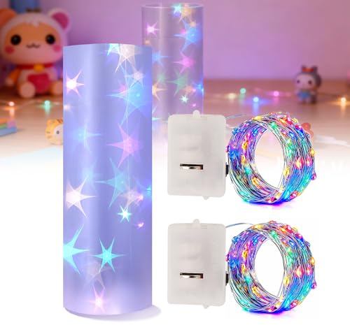 Lichterketten Batterie mit DIY Stern-Transparentfolie, Wasserfeste Lichterkette für Innen- und Außendekoration, Weihnachten, Hochzeit, 3m Kupferdraht mit 30 LEDs, 47*27cm Folie, Mehrfarbig