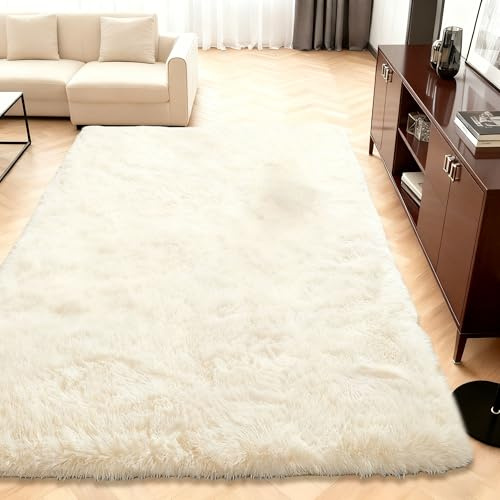 QENHYUN Moderner Hochflor Teppich 100 x 250 cm Extra Weich Bettvorleger High Pile Moderner für Kinderzimmer Teenager Schlafsaal, Creme Farben