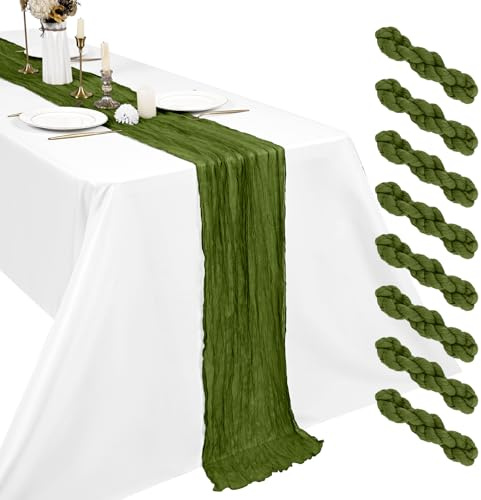 8 Stück Käsetuch Tischläufer Olivgrün 45 x 275 cm, Boho Gaze Tischdeko für Hochzeit, Brautparty, Baby Shower und Geburtstag