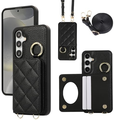 YDIJCYAN Handyhülle für Samsung Galaxy S26 Hülle mit Band+Ring+Schminkspiegel Stoßfest Handy Schutzhülle (Schwarz)