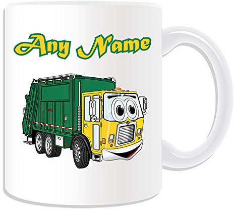 Personalised Gift - Smiley Garbage Truck Mug (Transport Design Theme, White) - Rubbish Dustcart Bin Trash Waste Scrap Recycle Lorry Van Refuse Collection Vehicle Wagon HGV Driver Rubbish Dusbin Refuse Waste Collection Recycle Recycling