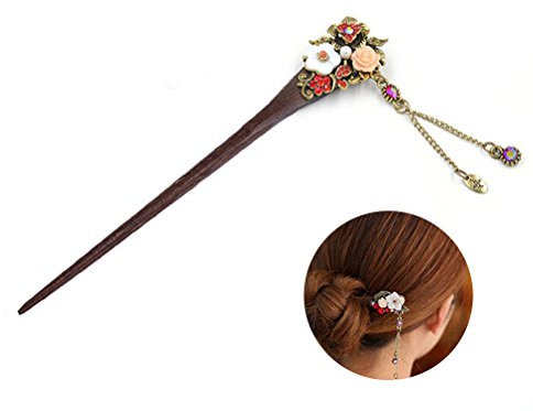 Frcolor Broche en bois pour cheveux chinois avec pompon - Style rétro - Pour femme - Rouge