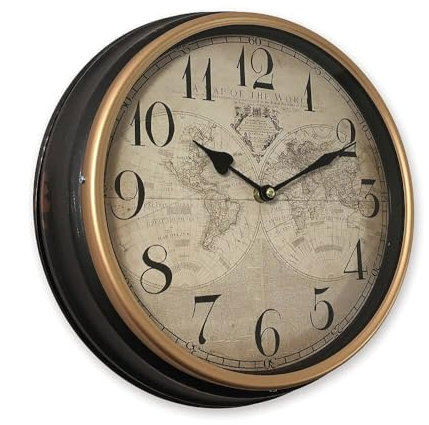 zeitzone Wanduhr Weltkarte Vintage-Stil Schwarz Atlas Metallrahmen Rund 31cm