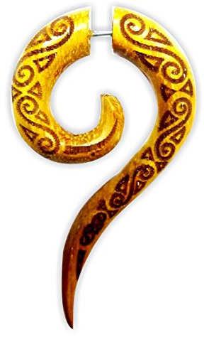 Fake Piercing Jackfrucht Holz Edelstahl handgeschnitzt groß ocker braun graviert |Herren Damen Lobe Holz Expander Dehnschnecke Spirale Dehner |unisex Ohrstecker Ohrring Ohr Schmuck lange Spirale
