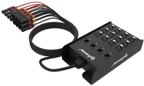 Audibax Snake 12 - Caja de Escenario de 12 Entradas y 4 Salidas - Caja DI de Alto Rendimiento - Cable Incluido de 15 Metros - Cables Negros de Entrada y Cables Rojos de Salida - Stagebox Multicore