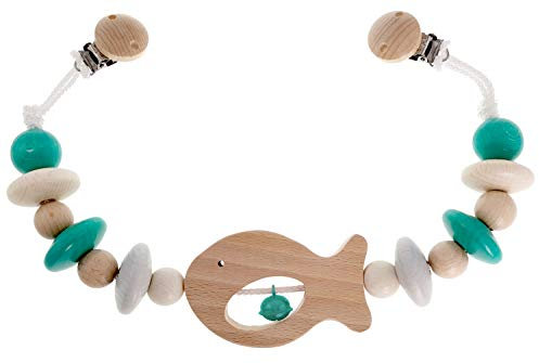 Hess Holzspielzeug 12967 - Wagenkette aus Holz, Serie Fisch, für Babys ab 3 Monaten, handgefertigt, nature türkis, mit 2 Sicherheitsclips, Länge ca. 50 cm