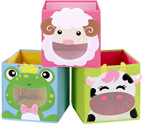 SONGMICS Aufbewahrungsboxen Kinder, 3er Set, Spielzeugkisten, Faltboxen, fürs Kinderzimmer, Spielzimmer, 27 x 27 x 27 cm, Tiermotive, blau, grün und rosa RFB01PG