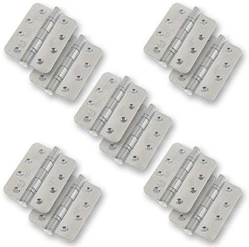 Stainless Door Hinges 4 - 102x76x3mm with Radius Corners 5 Pair Pack [10 Hinges] Including Screws Satin