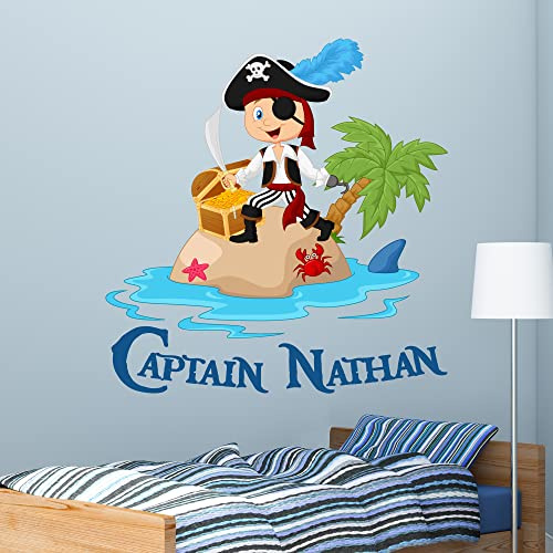 Beautiful Game Piraten-Wandtattoo, Insel, personalisierbarer Name, Piraten-Schlafzimmer, Wandbild, Kinder, 60 cm Höhe x 60 cm Breite