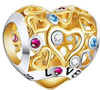 NINGAN Charme Cœur d'amour plaqué or de Argent Sterling 925 Femmes Perles Charm avec Zircone Compatible pour Européen Bracelets