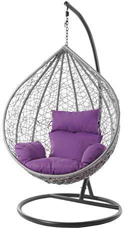 Kideo® Komplettset: großer Hängesessel mit Gestell & Kissen, Lounge Möbel, Poly-Rattan, XXL, grau (Kissen: lila Nest (4050 Violet))