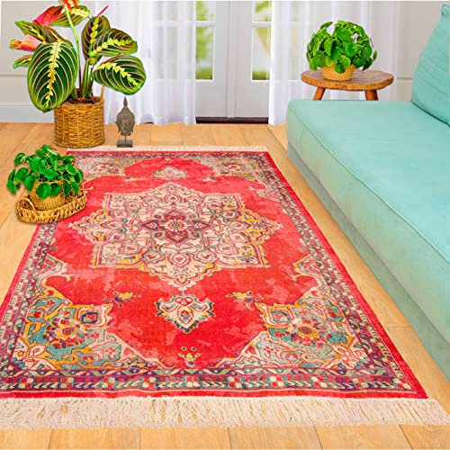 Mandala Life ART 120 x 180 cm Tapis marocain Moderne Rouge Rose Vintage avec Franges - Coton imprimé numérique - Tapisserie bohème - Pièce décorative pour Votre Salon, Chambre