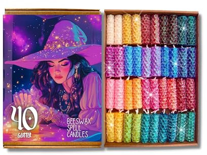 Phoenix Candle Company Confezione da 40 candele magiche in cera d'api glitterate e scintillanti con Wiccan Rede e cartella colori