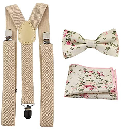 Herren-Hosenträger (creme-beige) mit luxuriöser Baumwollmischung, vorgebundene und verstellbare Fliege und Einstecktuch, Set (cremefarbenes Blumenmuster) – geeignet für formelle Kleidung, Büro,