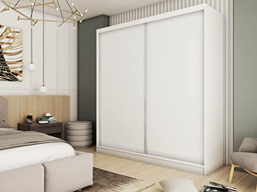 WFL GROUP Moderner Kleiderschrank Schwebetürenschrank Weiß 120 150 180 200 cm - Weiß Matt Kleiderschrank für Schlafzimmer mit Schiebetüren - Kleiderstange - 200 cm - Weiß
