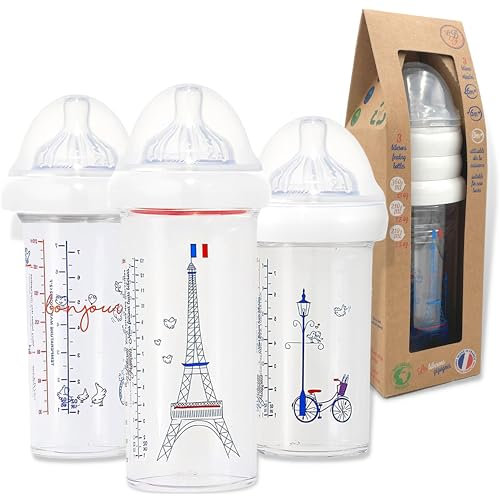 Le Biberon Français - Lot de 3 Biberons Anti-Colique Premium - Biberon 360ml, 210ml à Col Large - Tétines Silicone 3 Débits, 0-6 Mois et Plus - Allaitement Mixte Nouveau né Fille - BPA BPS BPF Free