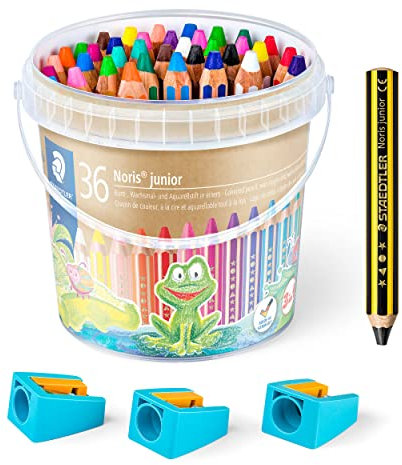 STAEDTLER 3in1 Buntstifte und Kinder Bleistift Noris junior, Bunt- Wachsmal- und Aquarellstift, sehr dicke Mine, extra bruchsicher, ideal für Kinder, 36 Stifte, 3 Spitzer und Bleistift, 140 C36P1X